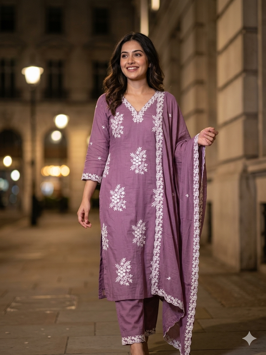 Chanderi Designer Embroidery Work Salwar Set - Dusty Purple