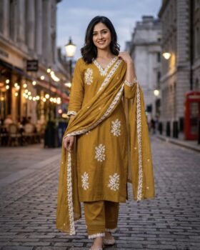 Chanderi Designer Embroidery Work Salwar Set - Mustard Yellow