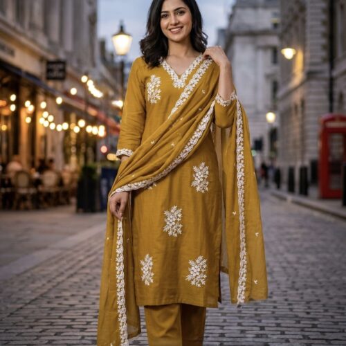 Chanderi Designer Embroidery Work Salwar Set - Mustard Yellow