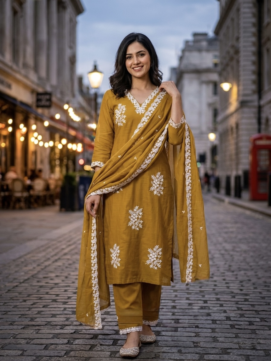 Chanderi Designer Embroidery Work Salwar Set - Mustard Yellow