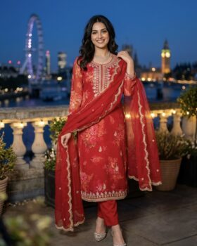 Vibrant Red Floral Organza Salwar Set