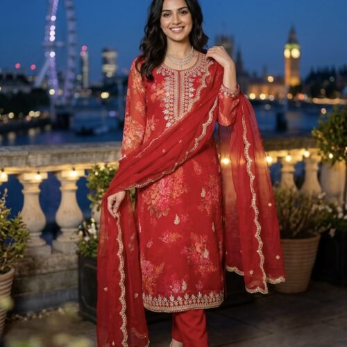 Vibrant Red Floral Organza Salwar Set