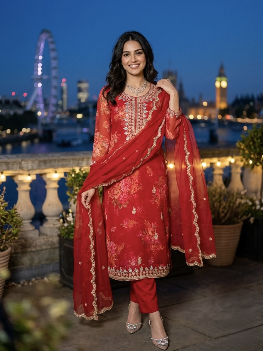 Vibrant Red Floral Organza Salwar Set