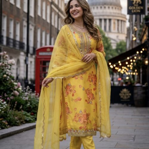 Vibrant Yellow Floral Organza Salwar Set