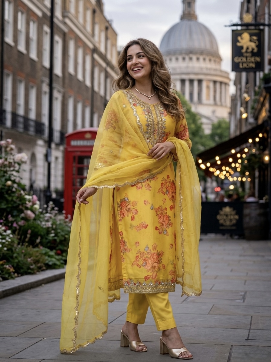 Vibrant Yellow Floral Organza Salwar Set