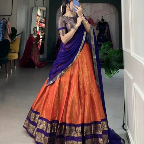 South Indian Semi- Silk dhavani Set - Navy Blue & Orange (delivery in 3-4 weeks)
