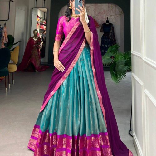 South Indian Semi- Silk dhavani Set - Magenta & Aqua Blue (delivery in 3-4 weeks)