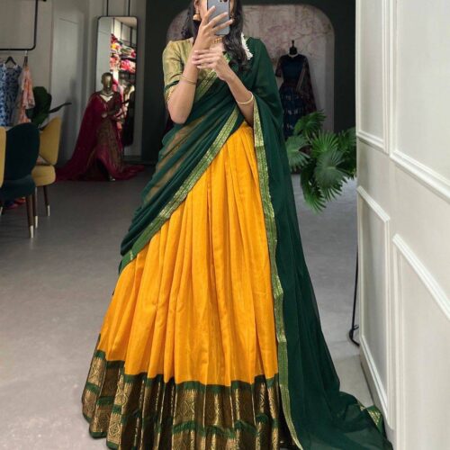 South Indian Semi- Silk dhavani Set - Green & Yellow (delivery in 3-4 weeks)