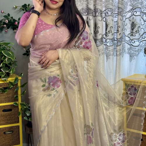 Soft Net Tissue Floral Saree with Strechable Blouse