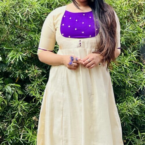 Golden Tissue Pannel Cut Kurthi - Purple