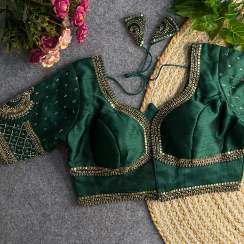 Designer Handworked Lotus Blouse - Bottle Green