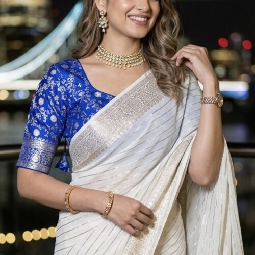 Viscose Chinon Floral Butti Saree -White  with Stitched blouse