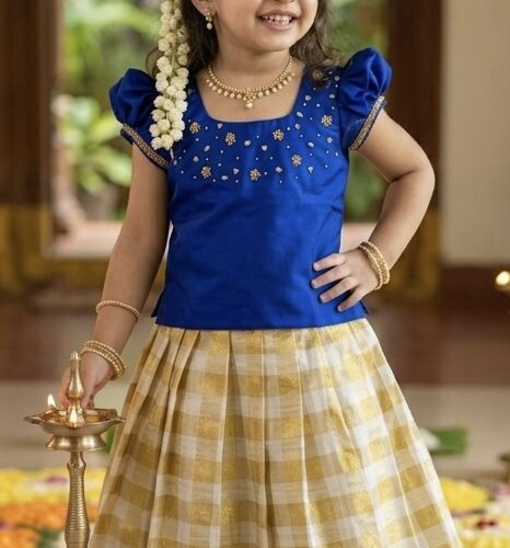 Navy Blue Check Pattu Pavada 3-4 years
