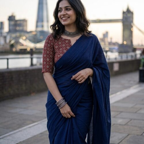 Navy Blue Khadi Cotton Saree With Stitched Blouse