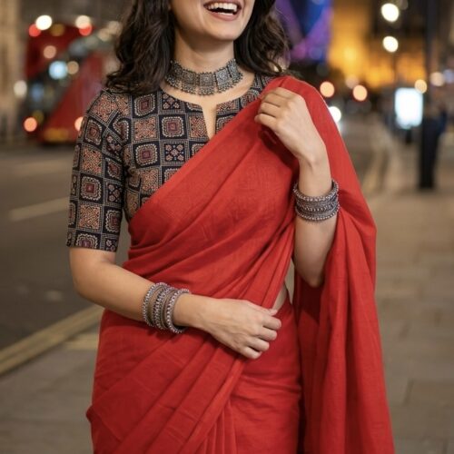 Red Khadi Cotton Saree With Stitched Blouse