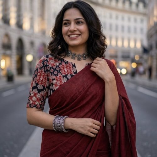 Maroon Khadi Cotton Saree With Stitched Blouse