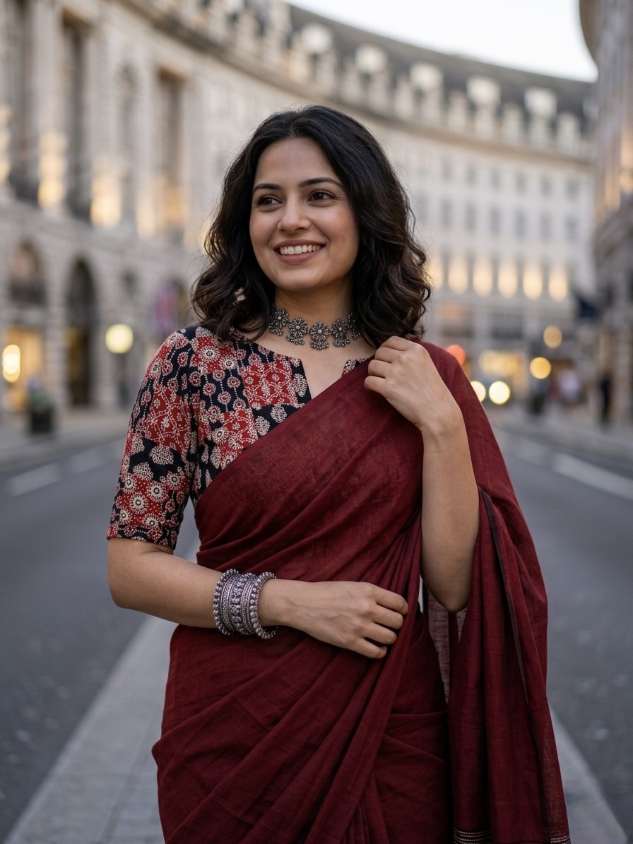 Maroon Khadi Cotton Saree With Stitched Blouse