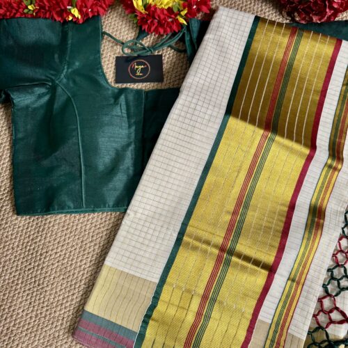 Micro-Check Kerala Kasavu Saree - Green & Maroon