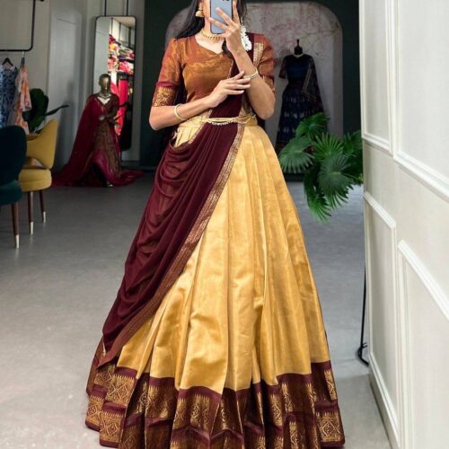 South Indian Semi- Silk dhavani Set - Brown & Beige (delivery in 3-4 weeks)