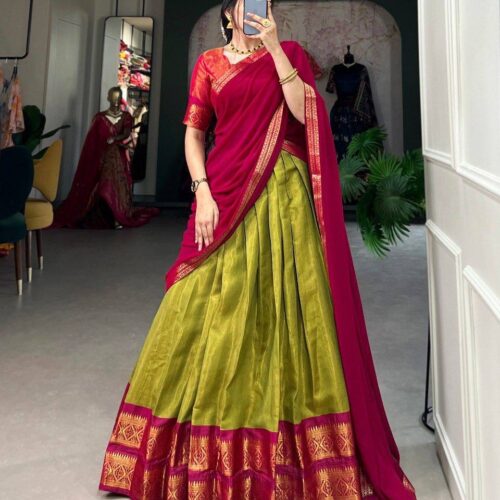 South Indian Semi- Silk dhavani Set - Pink & Green(delivery in 3-4 weeks)