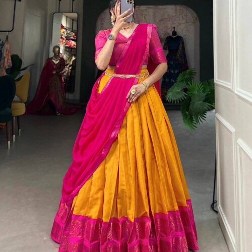 South Indian Semi- Silk dhavani Set - Pink & Yellow (delivery in 3-4 weeks)