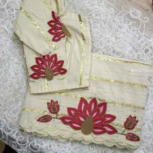 Lotus Handworked Cotton Lurex  Saree with Stitched Blouse