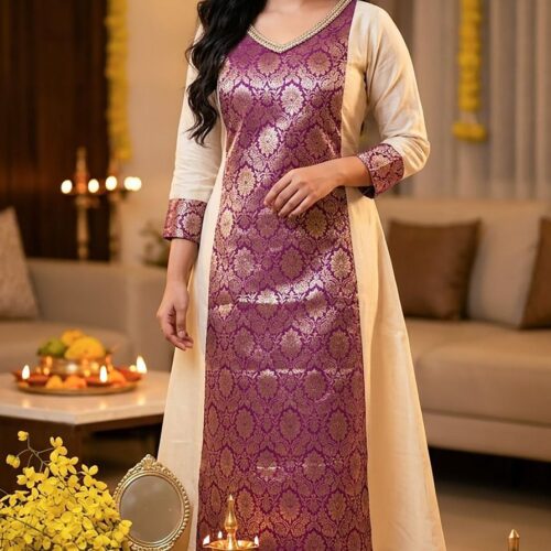 Golden Tissue Purple Brocade Kurthi