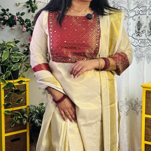 Golden Tissue Salwar Set - Marron