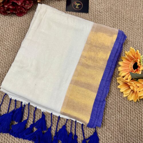 MulMul Cotton Saree - Vibrant Blue Border