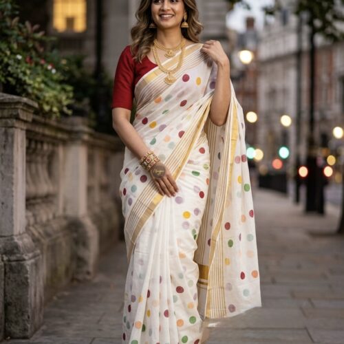 MulMul Cotton Saree - Polka Dots