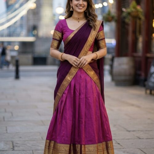 Kanchi Semi- Cotton Silk dhavani Set - Magenta & Maroon