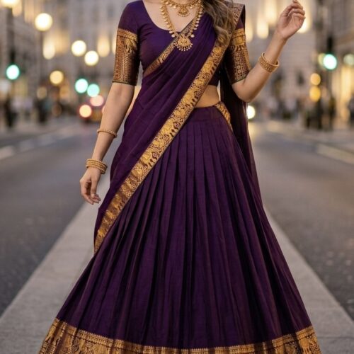 Kanchi  Semi- Cotton Silk dhavani Set - Purple