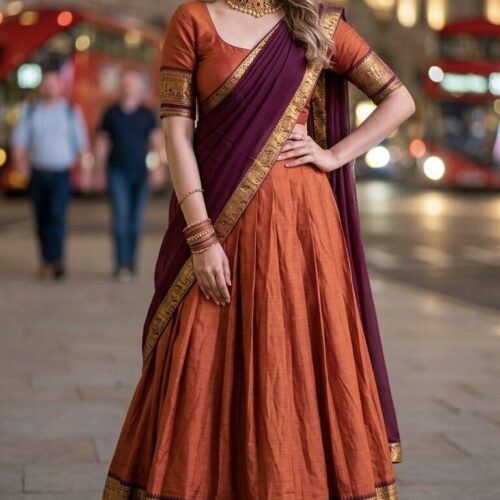 Kanchi Semi- Cotton Silk dhavani Set - Orange & Maroon