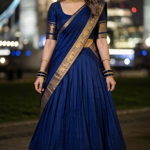 Kanchi Semi- Cotton Silk dhavani Set -Dark Navy Blue