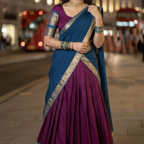 Kanchi Semi- Cotton Silk dhavani Set - Purple & Turquoise Blue (Prebooking -3 weeks)