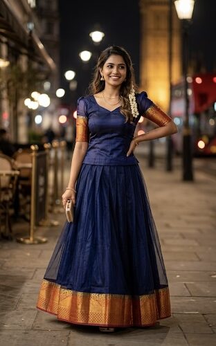Organza PattuPavada - Navy Blue