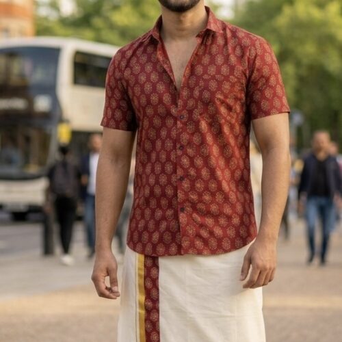 Cotton Ajrakh Printed shirt with Mundu - Maroon