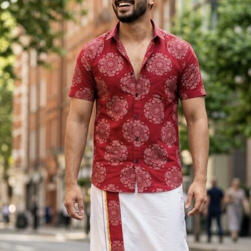 Cotton Ajrakh Printed shirt with Mundu - Red