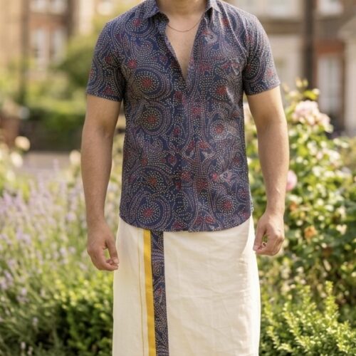 Cotton Ajrakh Printed shirt with Mundu - Navy Blue
