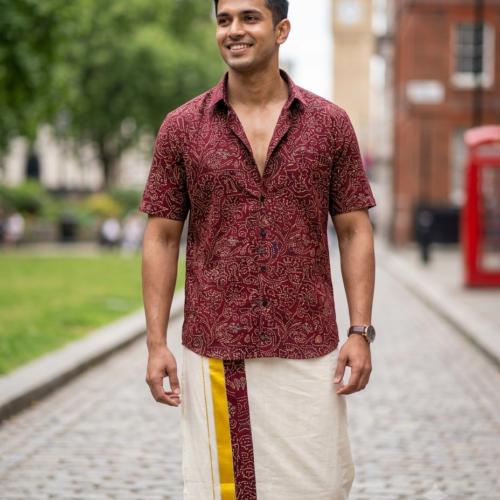 Cotton Ajrakh Printed shirt with Mundu - Maroon