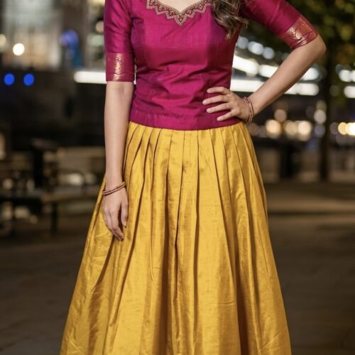 Handcrafted Semi-Silk Pattu Pavada - Yellow & Magenta