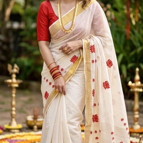 Red Cotton Lotus Block Print  Set Saree with Stitched Blouse