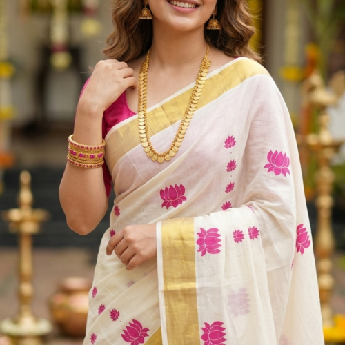 Pink Cotton Lotus Block Print  Set Saree with Stitched Blouse