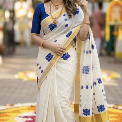 Navy BlueCotton Lotus Block Print  Set Saree with Stitched Blouse