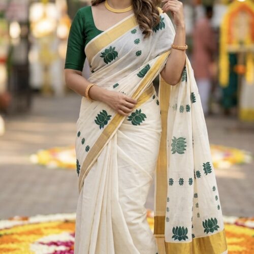 Bottle Green Cotton Lotus Block Print  Set Saree with Stitched Blouse