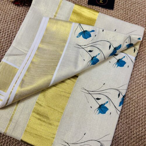 Golden Tissue ย Floral Digital Printed Saree - Aqua Blue