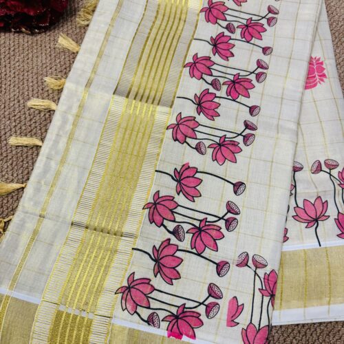 Golden Checks -Pastel Pink Lotus Floral Tissue Set Saree