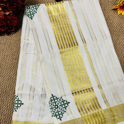 Golden Stripe - Floral Embroidery Cotton Set Saree