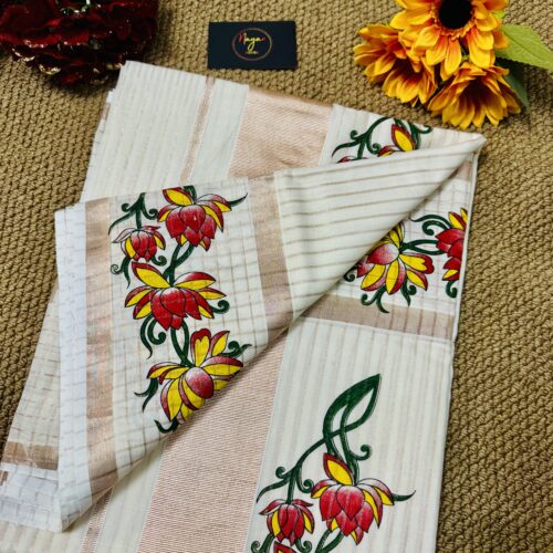 Rose gold floral check cotton saree