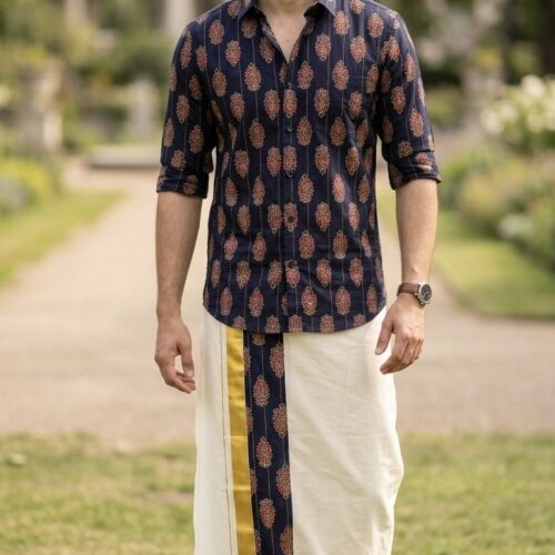 Cotton Ajrakh Printed shirt with Mundu